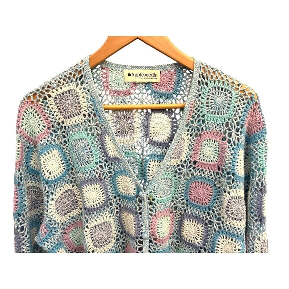 Vintage Appleseeds Crocheted Granny Square Pastel Cardigan Boho Y2K Whimsy - Picture 2 of 4